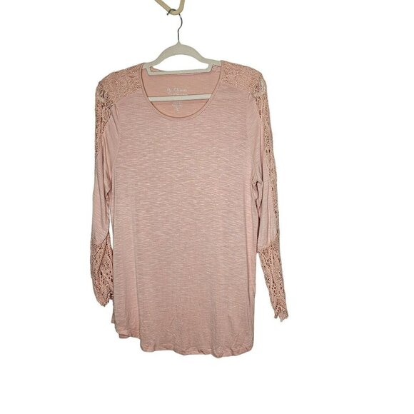 Chico's Women's Light Pink Crochet Long Sleeve Top SZ 2 M Rayon Spandex Stretch‎ - Picture 1 of 9
